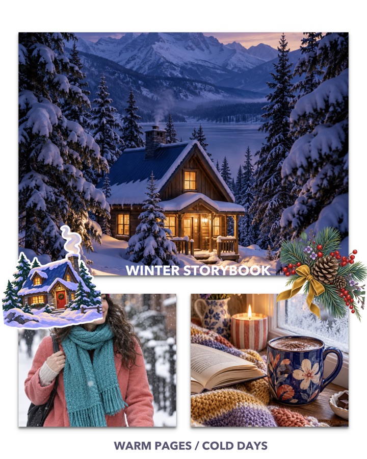 A winter collage with a snowy mountain cabin, a woman in a knitted scarf, and hot cocoa by a frosted window, titled Winter Storybook